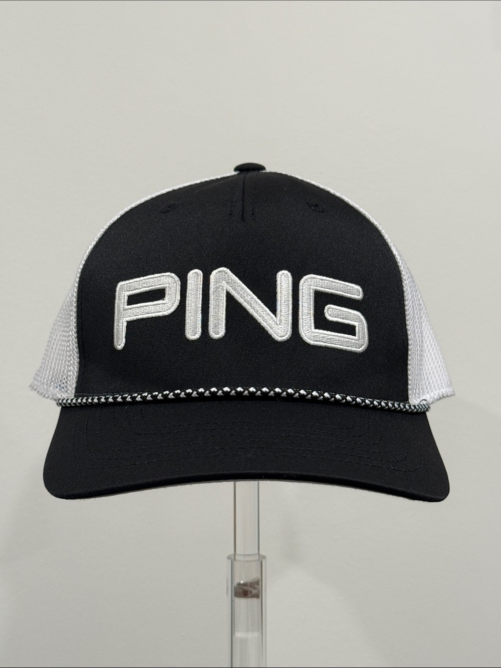 PING Golf Rope Mesh Trucker Snapback Hat 110 Flexfit Tech Cap Black White OS